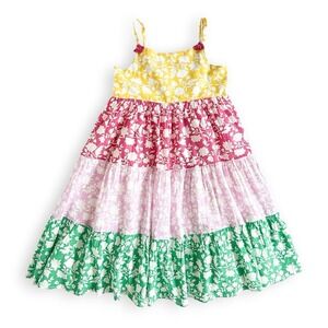 Mini Boden Tiered Floral Sundress Pink Yellow Green Cotton Bright Girls 11-12 Y